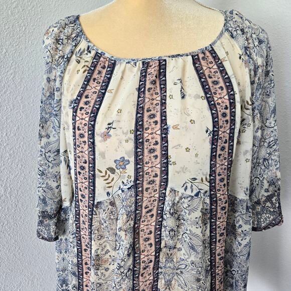 Knox Rose Women's Sheer Boho Floral Bell 3/4 Sleeve Blouse Size L - Picture 2 of 8